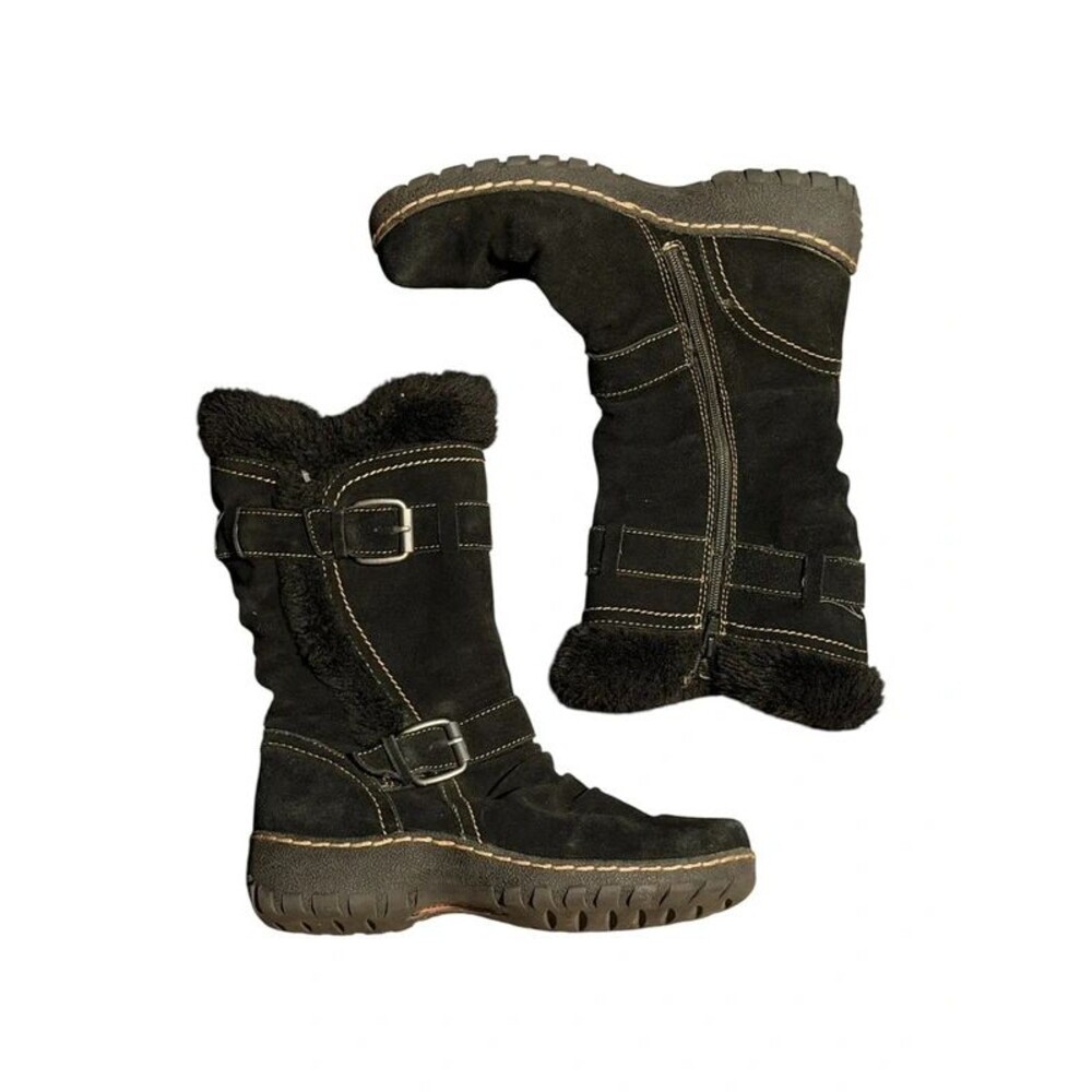 Black Faux Fur Buckle Mid Calf Boots